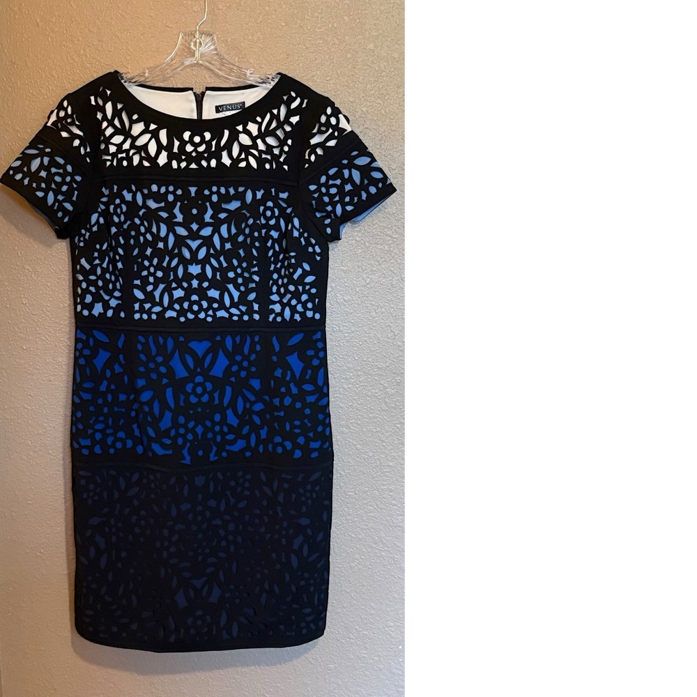 Venus Blue Ombre Laser-Cut‎ Lace Sheath Dress Short Sleeve Womens 14